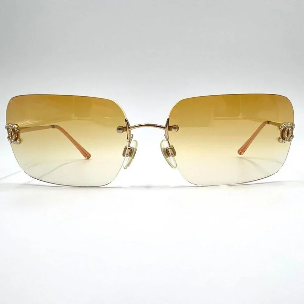 Chanel Vintage Sunglasses Rhinestone CC Logo Rimless Gradient Gold Tint - Picture 3 of 10